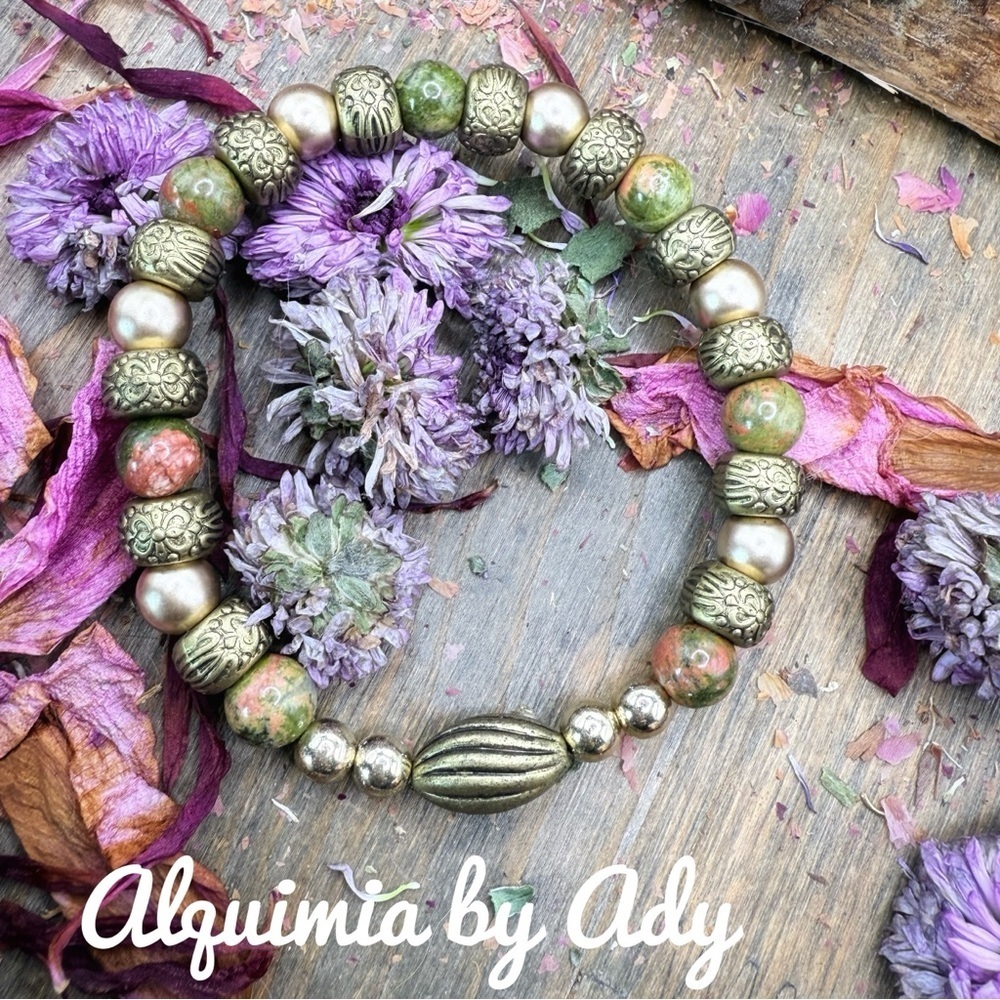 Gold statement bohemian unakite bracelet